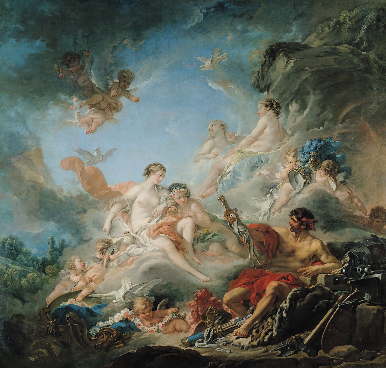 Die Schmiede des Vulkan oder Vulkan präsentiert Venus Waffen für Aeneas, Wandteppichkarton von François Boucher