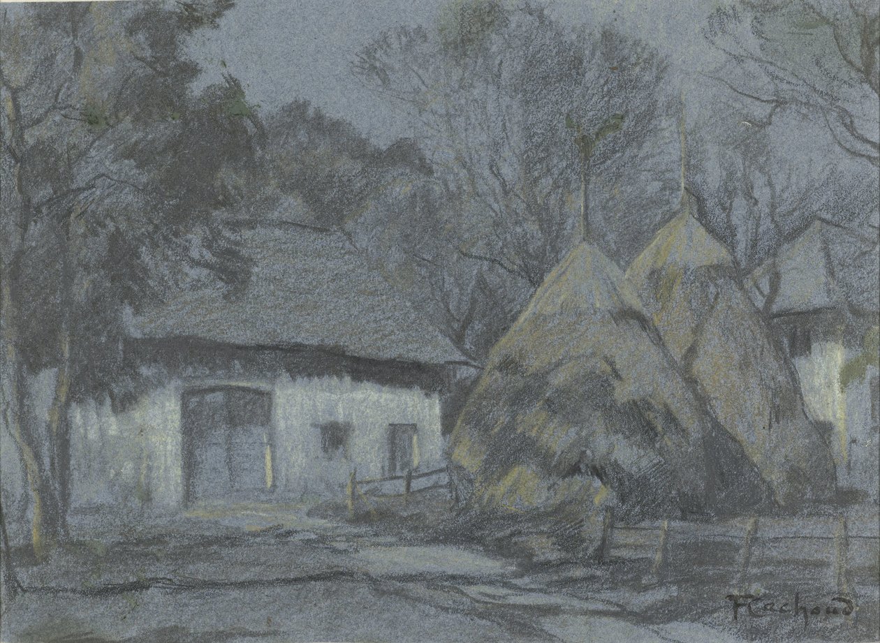 Heuschober bei einem Bauernhaus im Mondlicht von François Cachoud