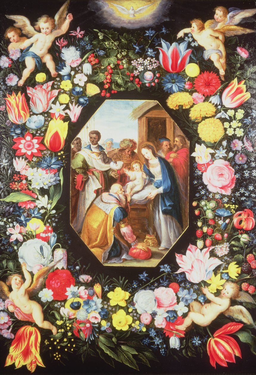 Anbetung der Könige umgeben von einem Blumenkranz von Frans II Francken the Younger