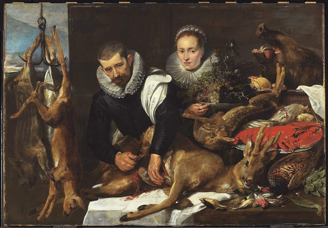 Ausweiden eines Rehbocks mit Porträt eines Ehepaars von Frans Snyders or Snijders