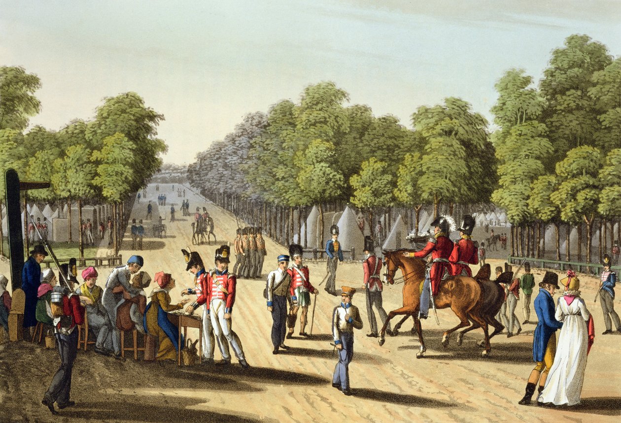 Lager des britischen Heeres im Bois de Boulogne, 1815, graviert von Matthew Dubourg aus 