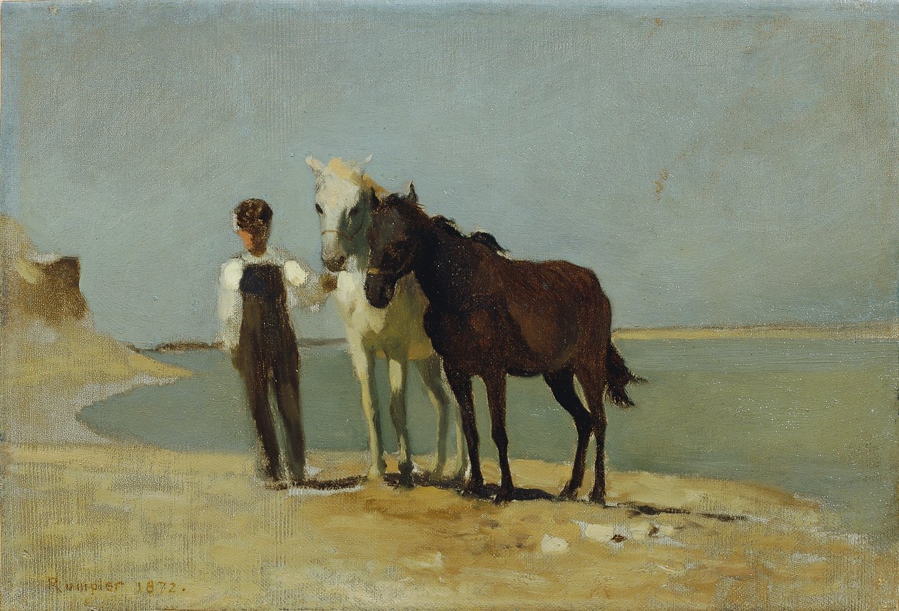 Ein Junge mit Pferden am Strand von Franz Rumpler