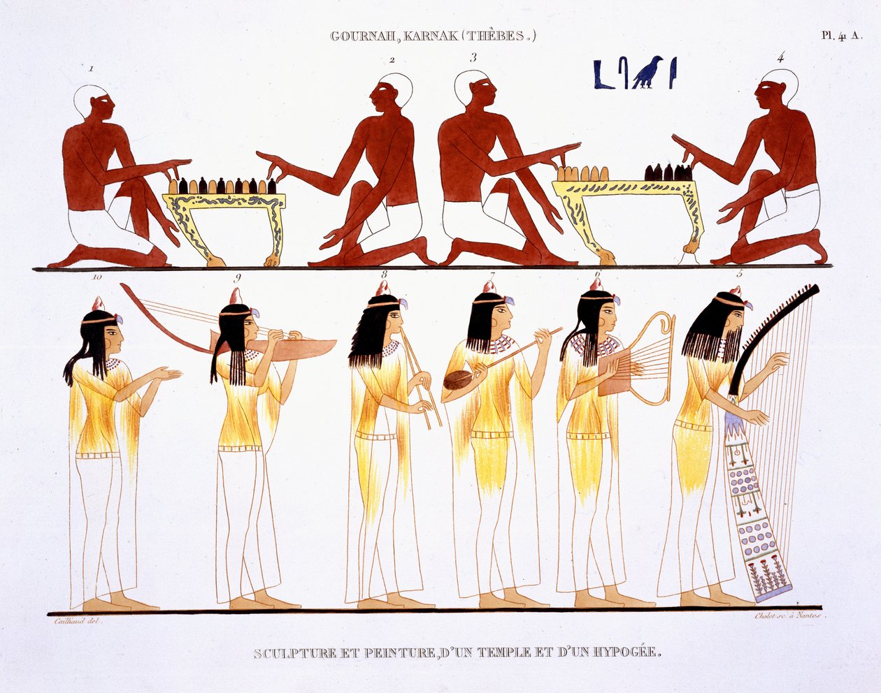 Männer beim Spielen und Frauen beim Musizieren, aus einem seltenen Bericht über Fresken aus Theben, aufgezeichnet 1819-1822 bei seinem zweiten Besuch in Ägypten von Frederic Cailliaud (1787-1869), Farblithografie von Frederic Cailliaud