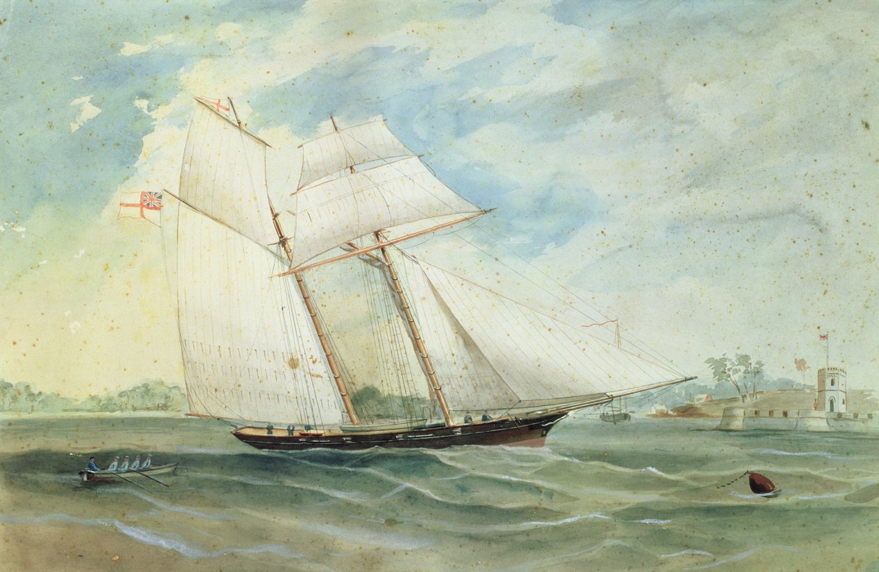Farm Cove und Fort Macquarie, mit Segelschiff im Vordergrund, ca. 1859-68 von Frederick Garling