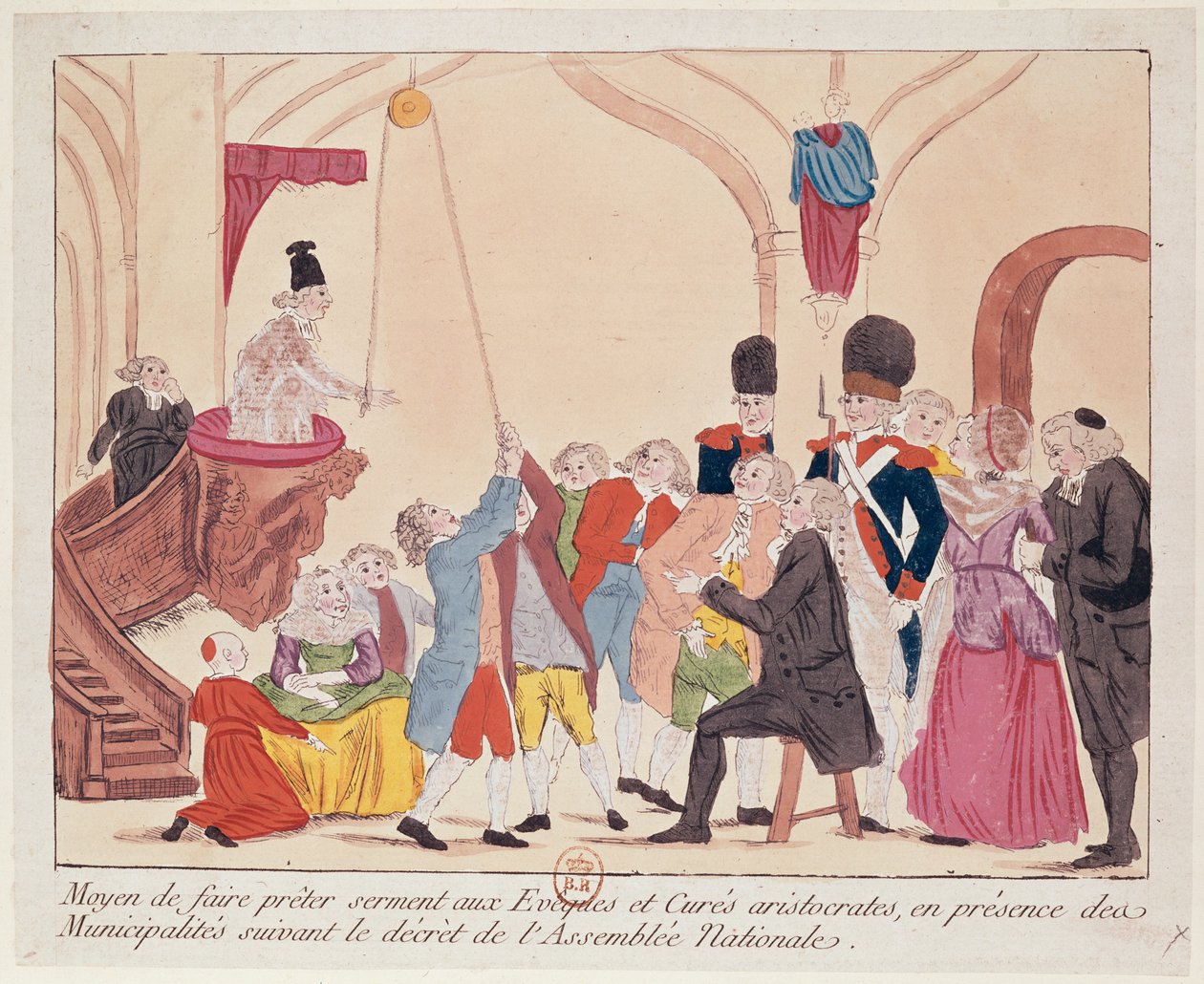 Karikatur, wie man aristokratische Bischöfe und Priester dazu bringt, den Eid auf die Zivilverfassung der Kirche zu schwören, Ende des 18. Jahrhunderts von French School
