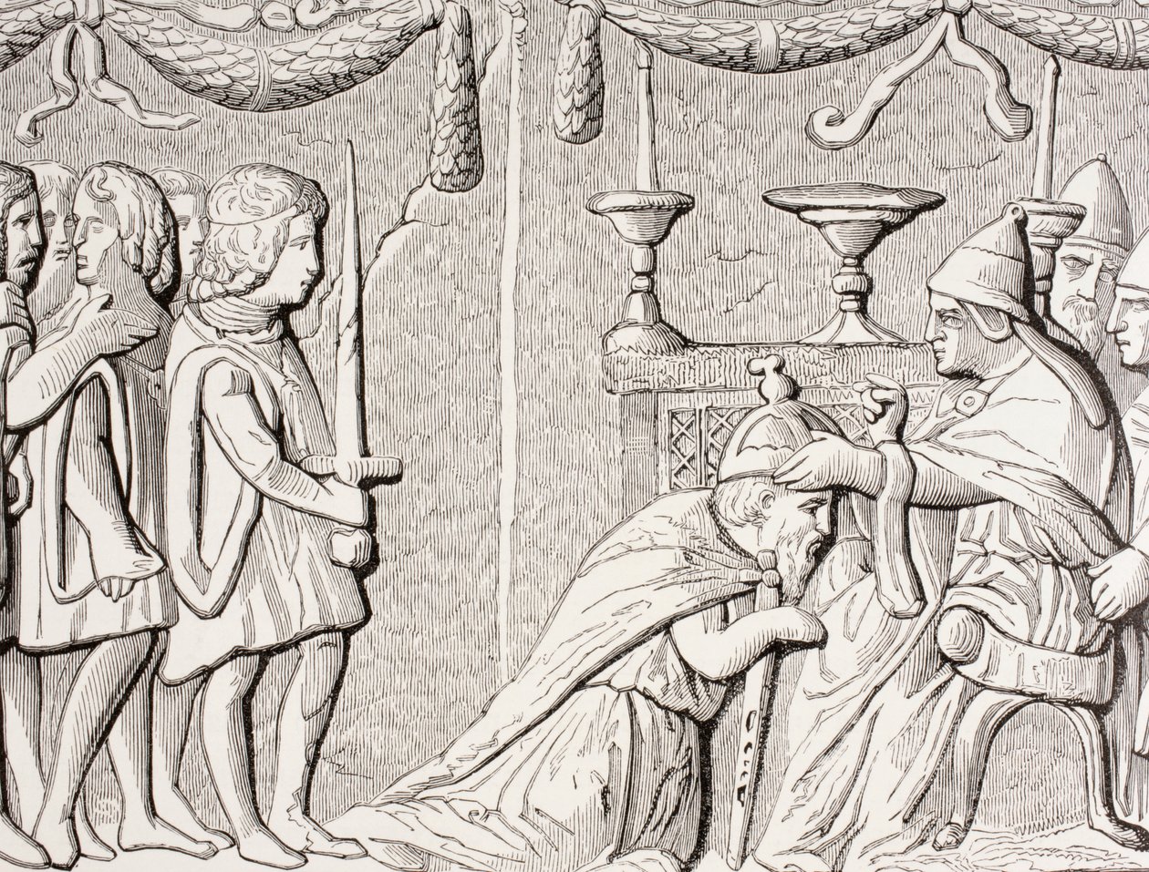 Krönung von Kaiser Sigismund durch Papst Eugen IV. im Jahr 1433, nach einem Basrelief an einer Tür von St. Peter, Rom, aus 