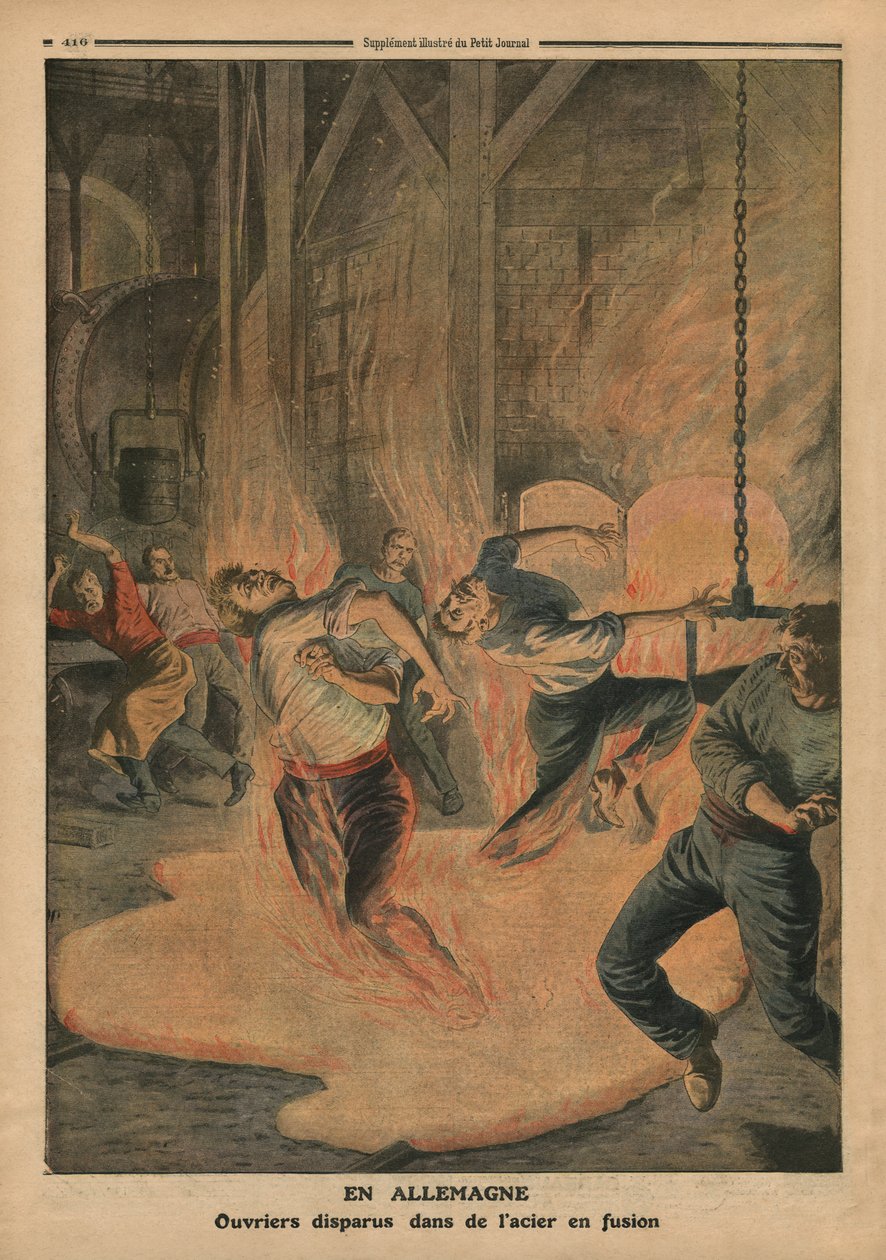 In Deutschland, Arbeiter versinken in geschmolzenem Stahl, Illustration aus 