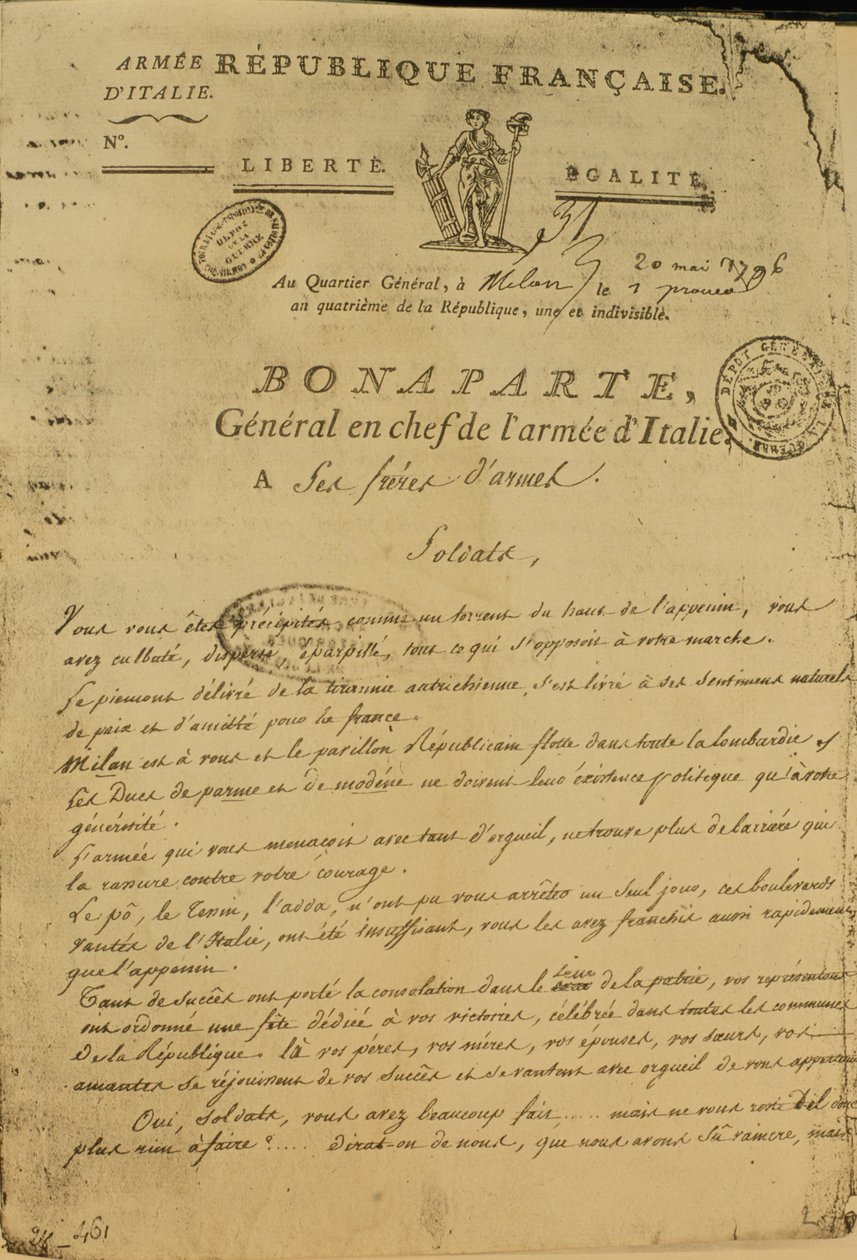 Anweisungen an Soldaten, herausgegeben von Napoleon als General der italienischen Armee, 20. Mai 1796 von French School