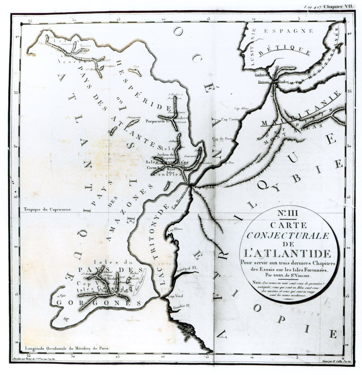 Nr. III Vermutliche Karte der Insel Atlantis, gezeichnet von Bory von St-Vincent und graviert von E. Collin von French School