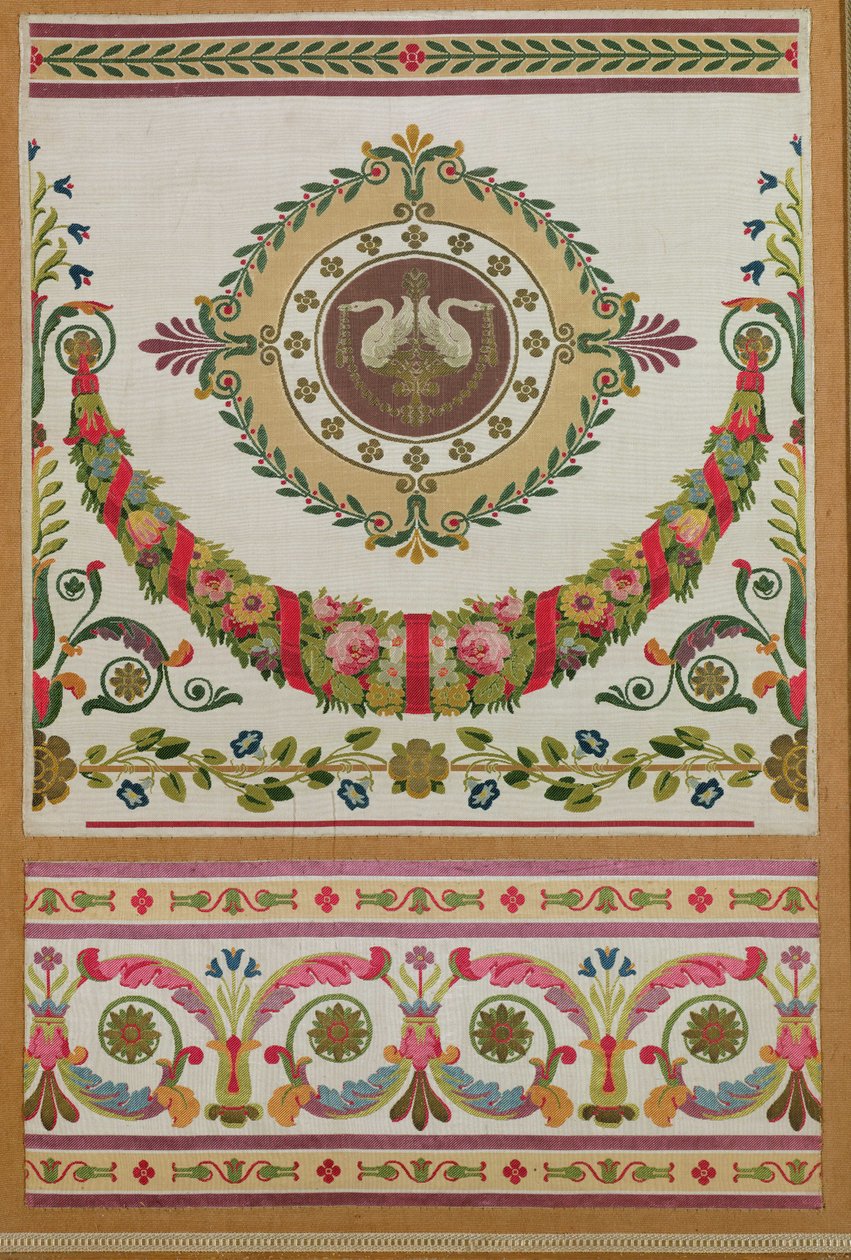 Seidenpaneel mit einem Blumenkranz und Schwänen von Pernon, Lyon von French School
