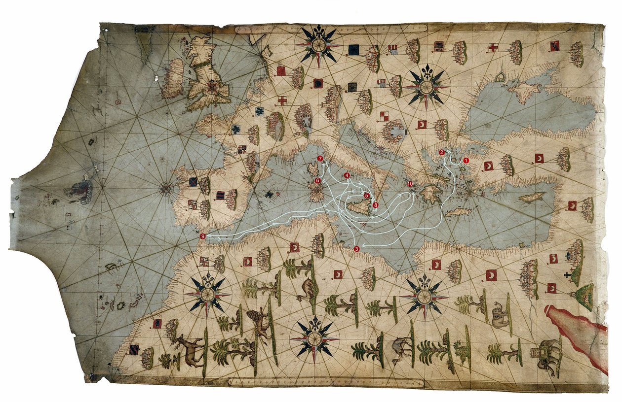 Portolankarte der Mittelmeerküste, die verschiedenen Etappen der Reise des Odysseus darstellend, wie in Homers Odyssee erzählt, 1593 von French School