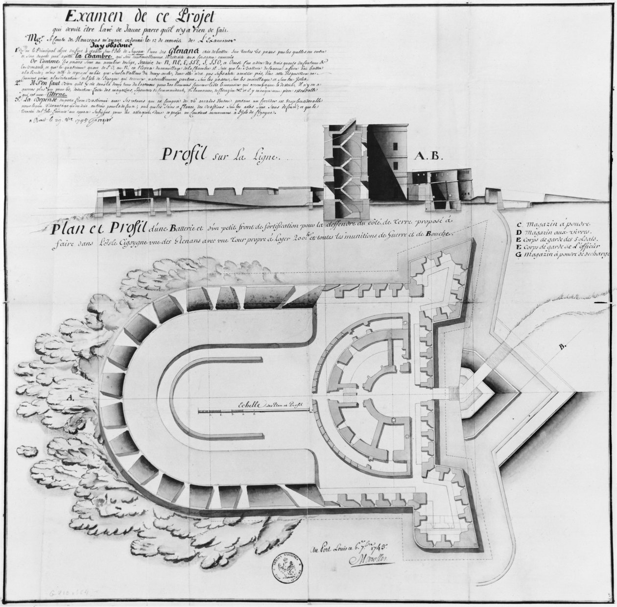 Projekt einer Festung auf der Ile Cigogne, Archipel des Glenan, 1745 von French School