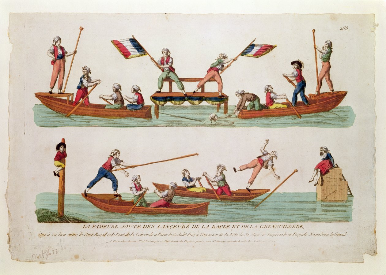 Das berühmte Turnier zwischen den Lanzenreitern von der Rapee und der Grenouillere, das zwischen der Pont Royal und der Pont de la Concorde stattfand, 15. August 1807 von French School