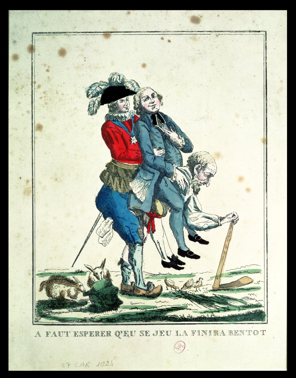 Das Spiel muss bald enden, ein Bauer trägt einen Geistlichen und einen Adligen, 1789 von French School