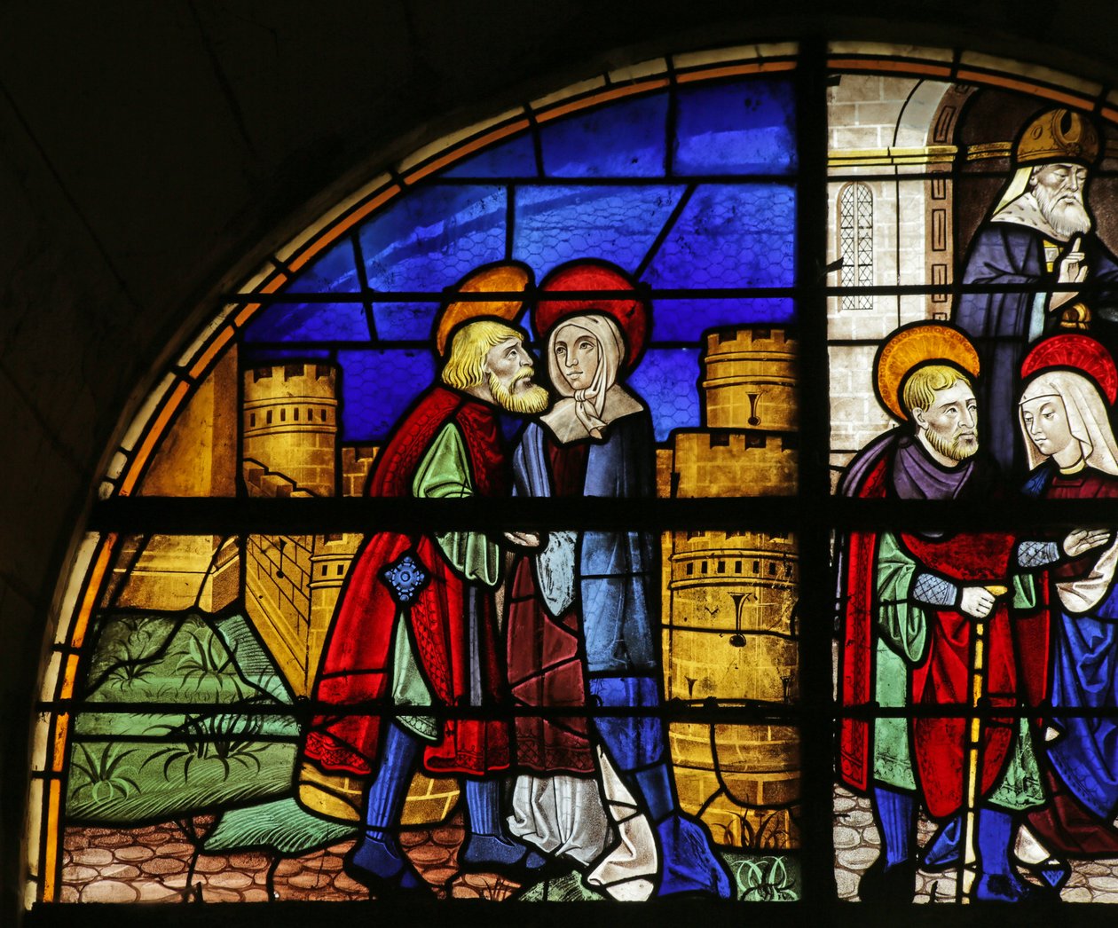 Fenster, das die heilige Anna und Joachim am Goldenen Tor zeigt, 16.-20. Jahrhundert von French School