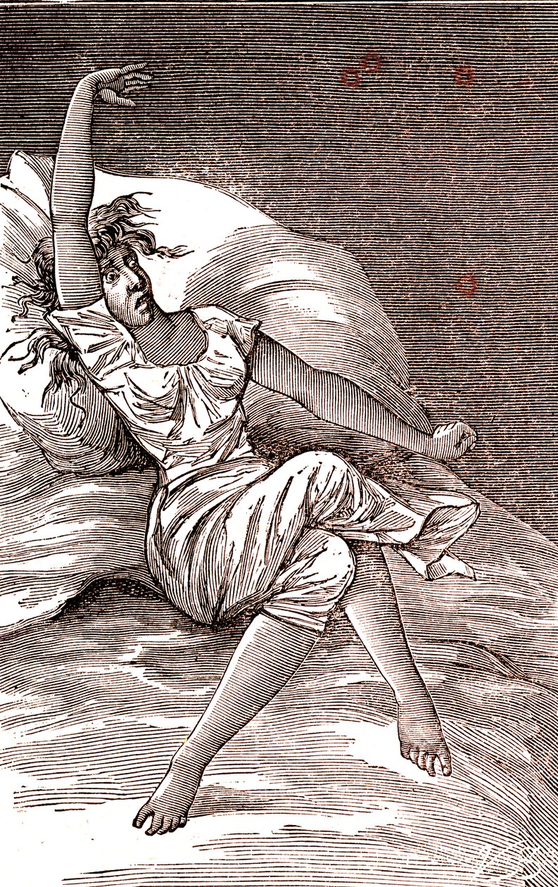 Kopfschmerzen, Melancholie und Hysterie, Angst. 1887 (Gravur) von French School