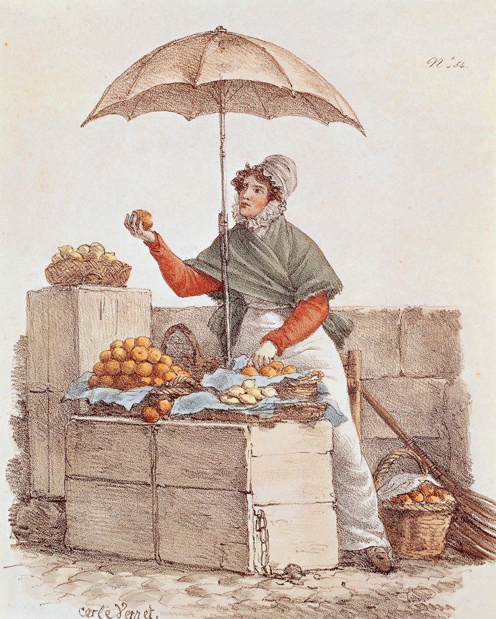 Orangenverkäuferin, Druck, Frankreich von French School