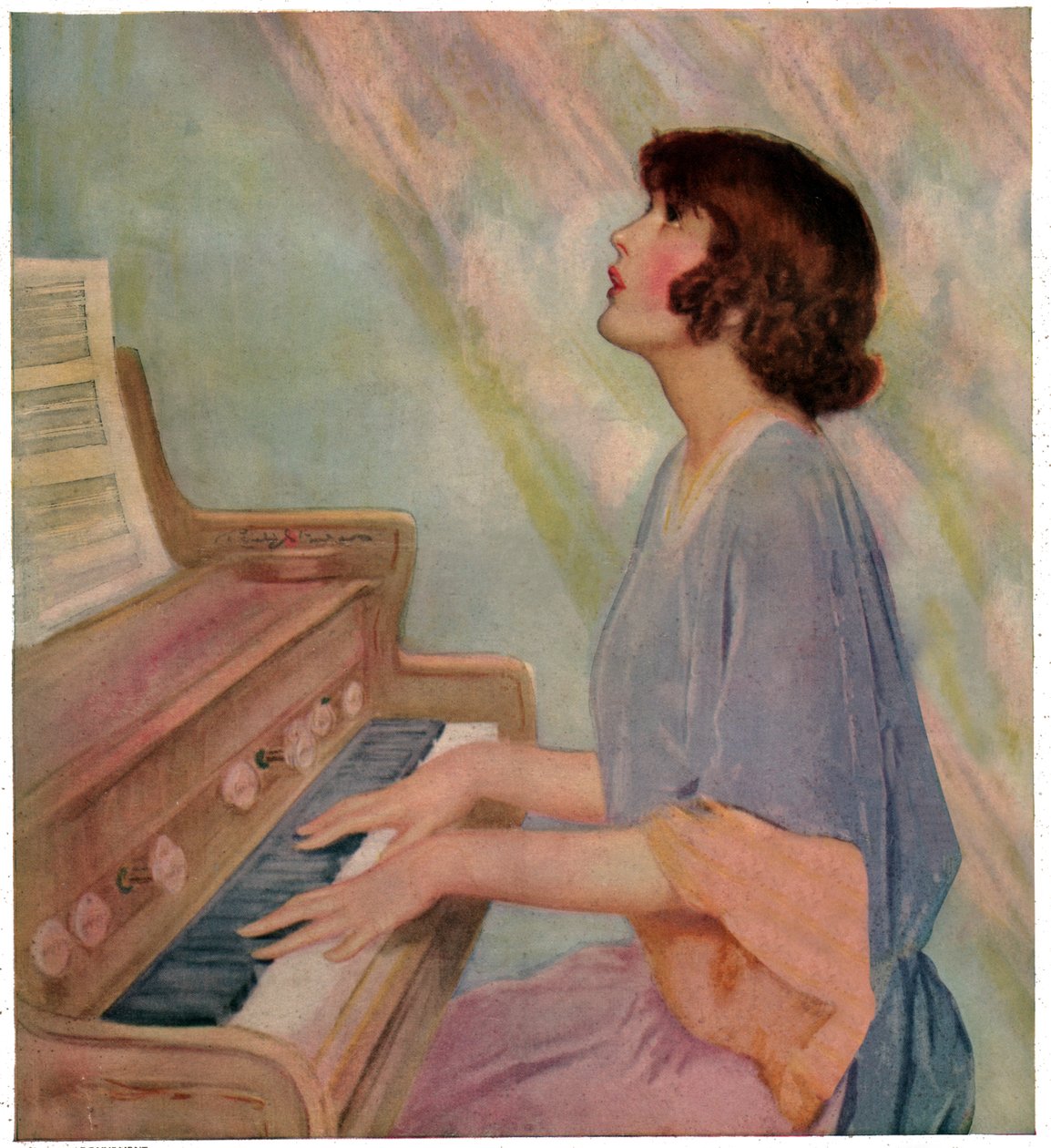 Frau spielt Orgel, 1924 (Gravur) von French School