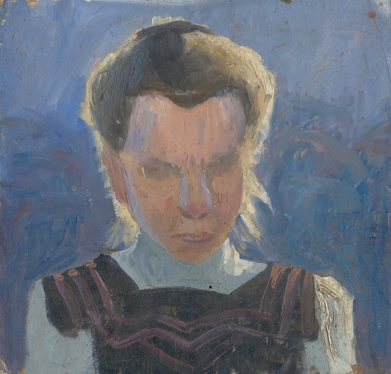 Kopfstudie eines Mädchens auf blauem Hintergrund von Frida Konstantin