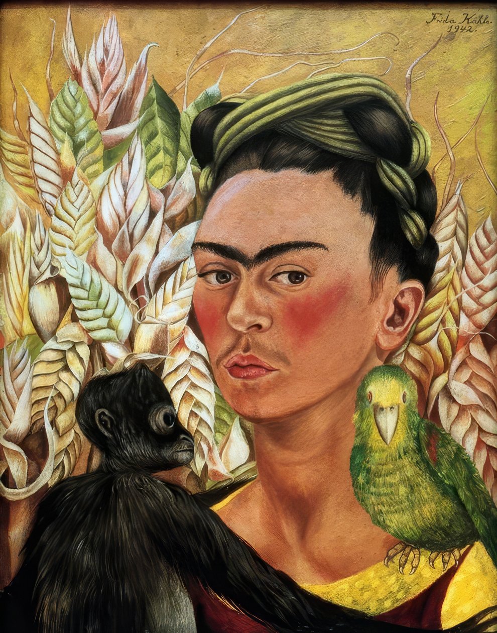 Selbstporträt mit Affe und Papagei von Frida Kahlo