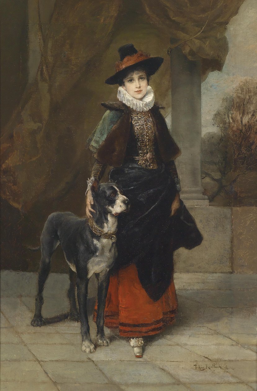 Bildnis einer Dame im historisierenden Kostüm mit Dogge von Friedrich August von Kaulbach