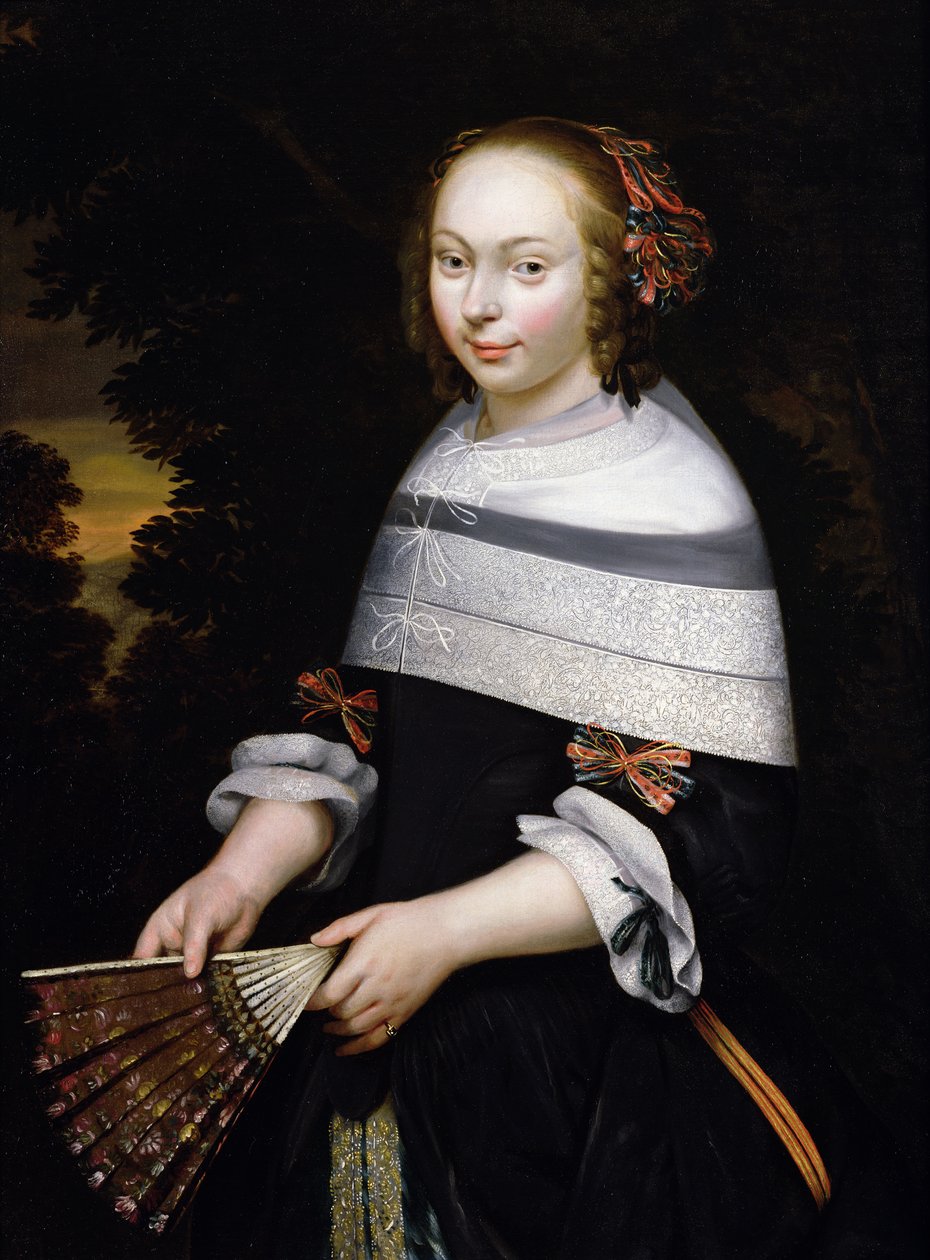 Porträt eines jungen Mädchens mit einem Fächer, eine Landschaft im Hintergrund, um 1650 von Friesian School
