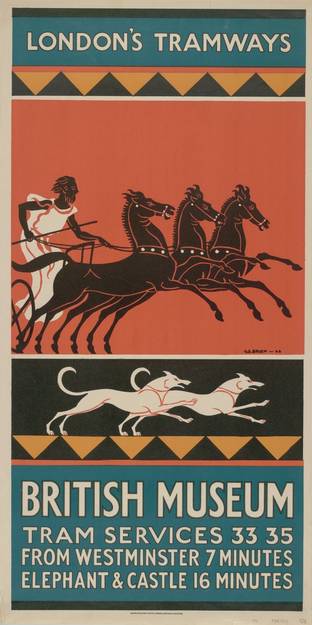 British Museum, Straßenbahnlinien 33, 35, 1927 von G. Stanislaus Brien