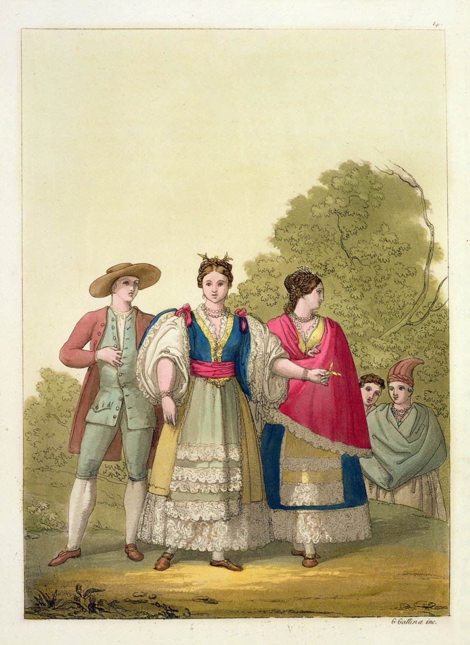 Peruanische Männer und Frauen in traditioneller Tracht von Gallo Gallina