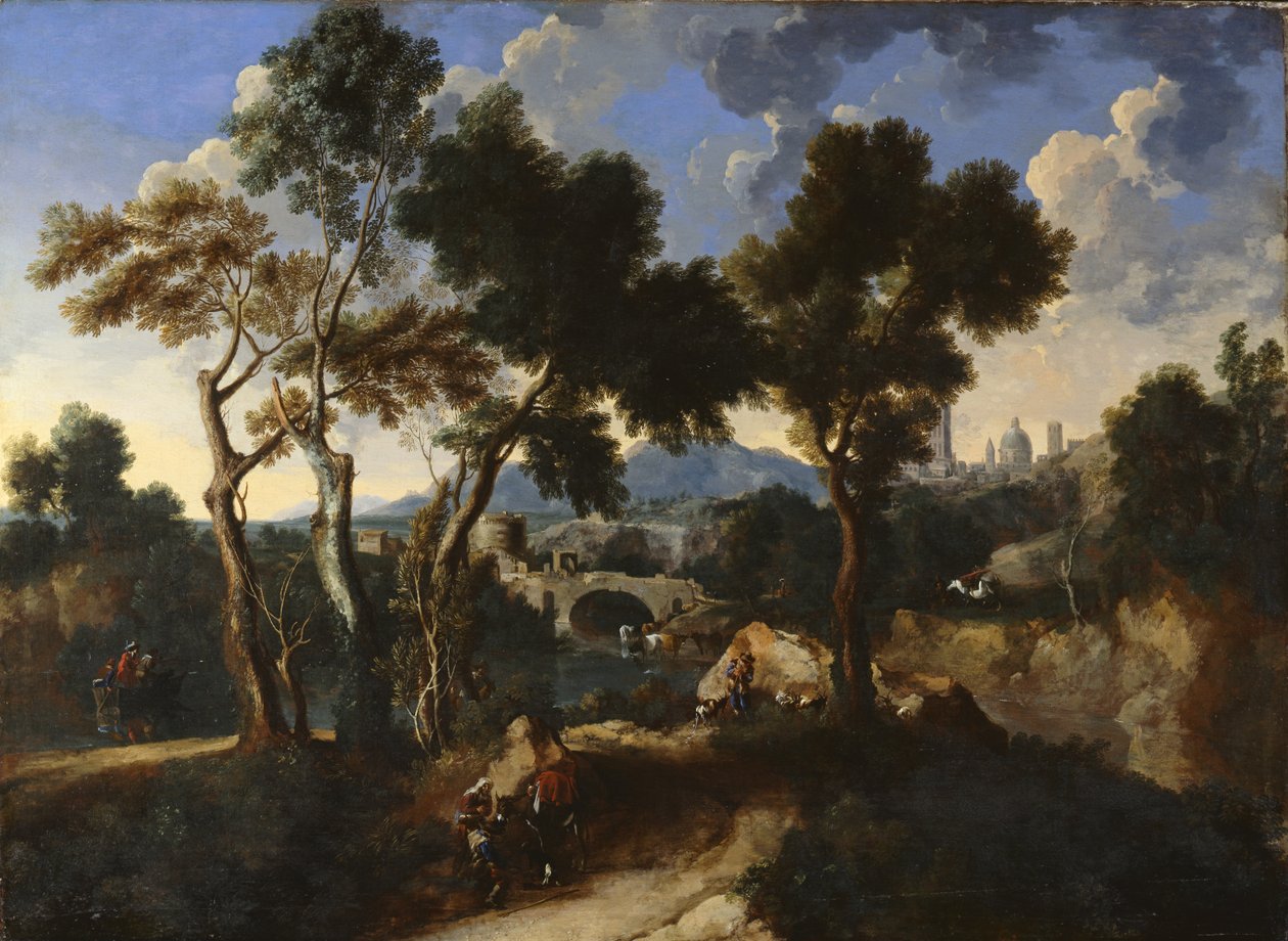 Landschaft mit Dorfbewohnern, ca. 1640 von Gaspard and Miel, Jan van Dughet