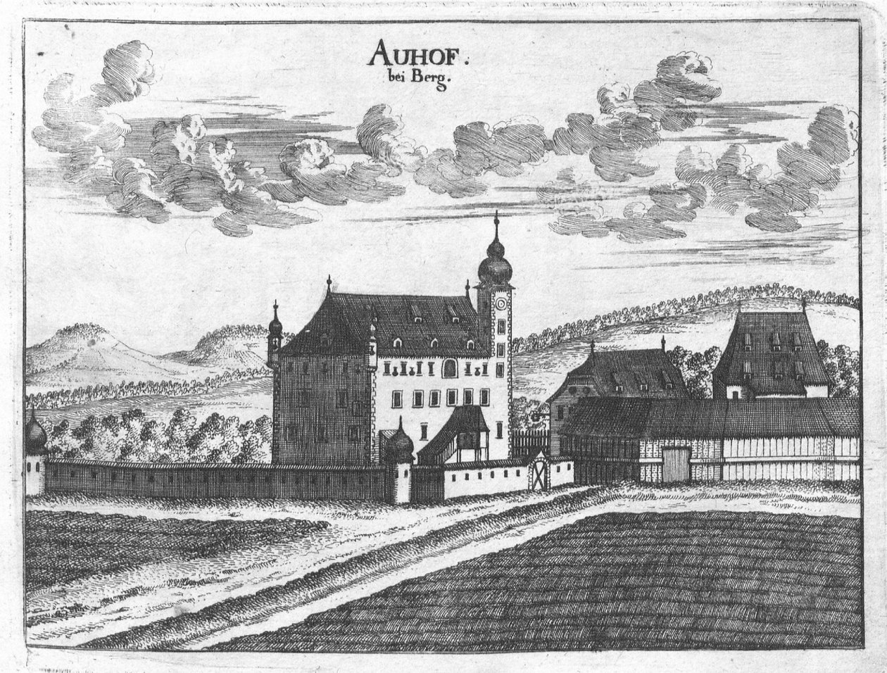 Gravur, Ansicht von Schloss Auhof, Oberösterreich von Georg Matthaus Vischer
