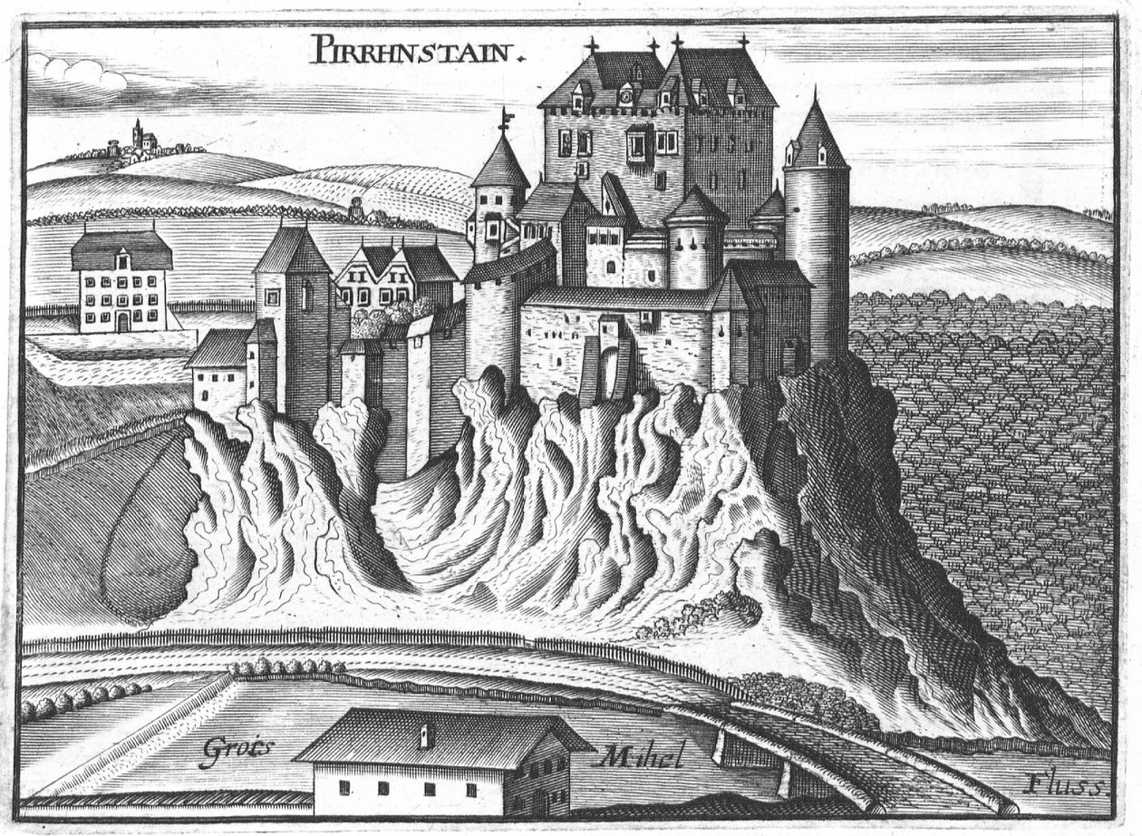 Kupferstich, Ansicht der Burg Pürnstein, Oberösterreich von Georg Matthaus Vischer