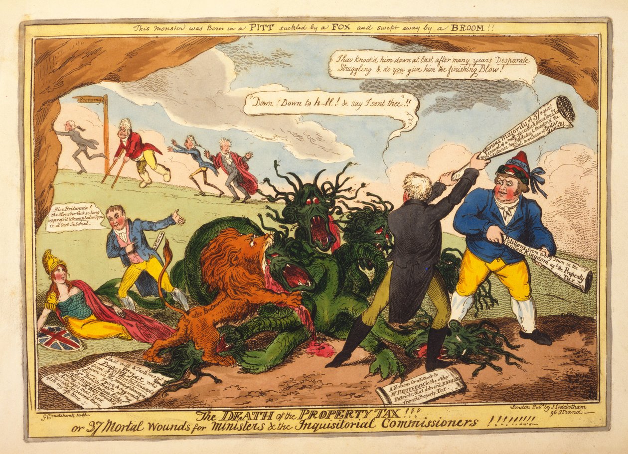 Der Tod der Grundsteuer!! oder 37 tödliche Wunden für Minister und die Inquisitionskommissare, veröffentlicht 1816 von George Cruikshank