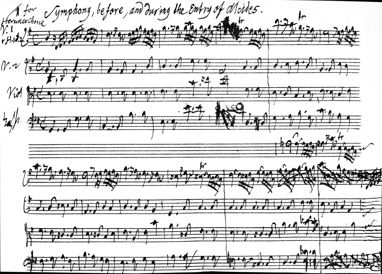 Originalpartitur des Beginns der Symphonie zur Begleitung des Einzugs von Alcides in Tobias Smolletts Stück 