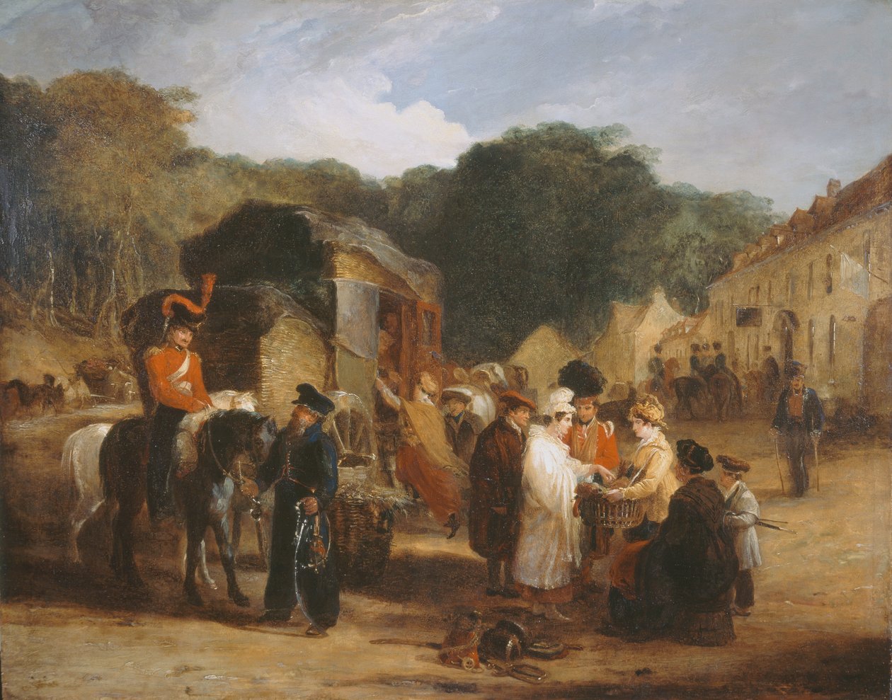 Das Dorf Waterloo, mit Reisenden, die die auf dem Schlachtfeld gefundenen Reliquien kaufen, 1815, ca. 1821 von George Jones