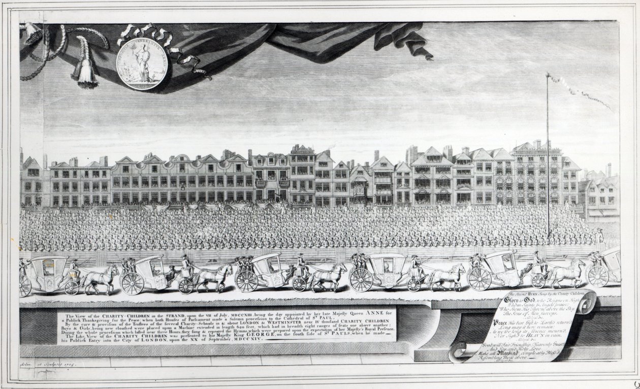 Ansicht der Charity Children im Strand, 7. Juli 1713, Druck von 1715 von George Vertue