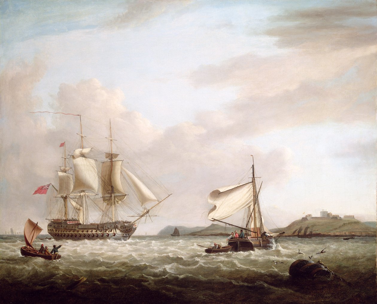 Ein englisches Kriegsschiff vor Pendennis Castle, Falmouth 1801 von George Webster