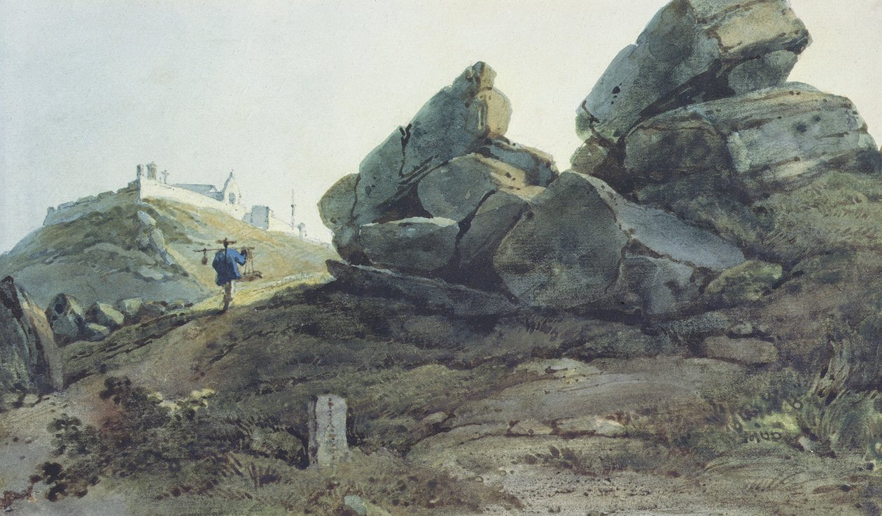 Felsen und ein Hügelkloster, China von George Chinnery