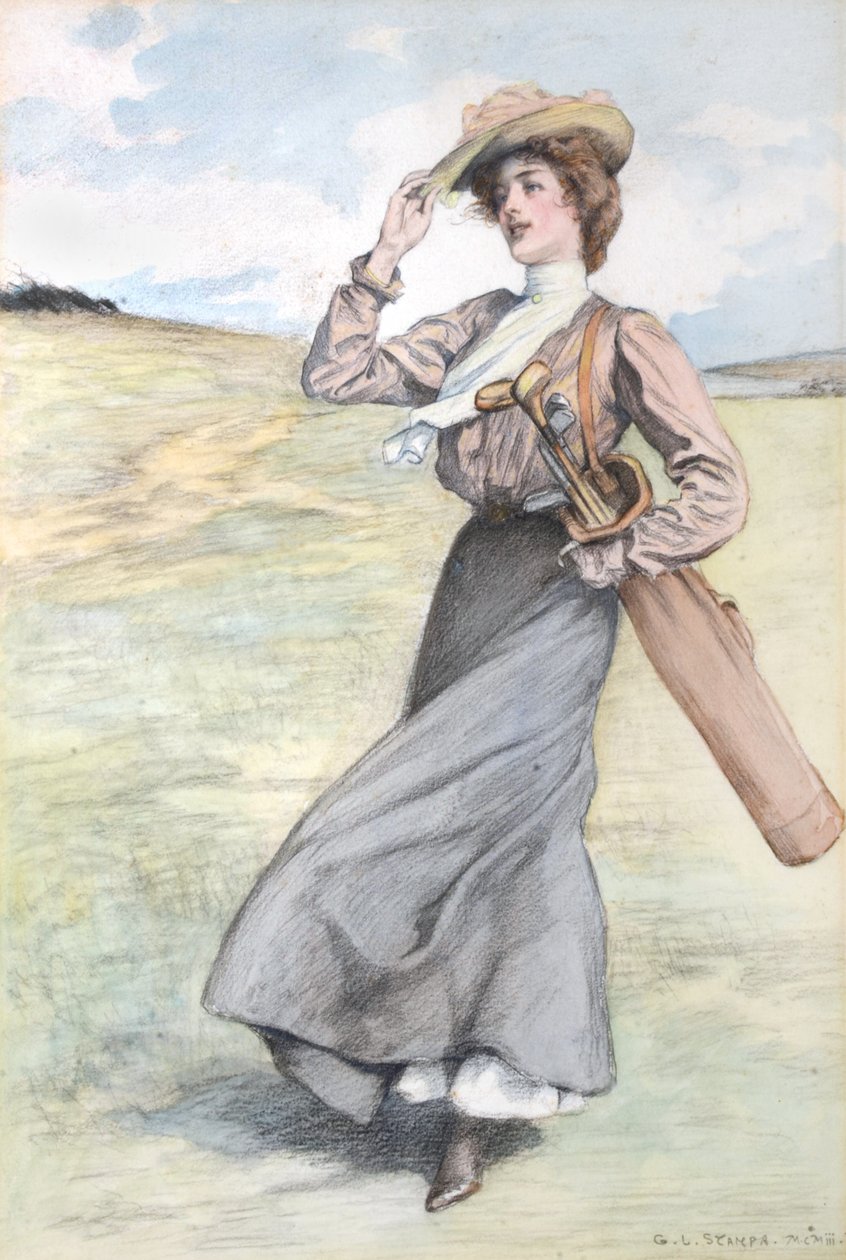Dame beim Golfspielen von George Loraine Stampa