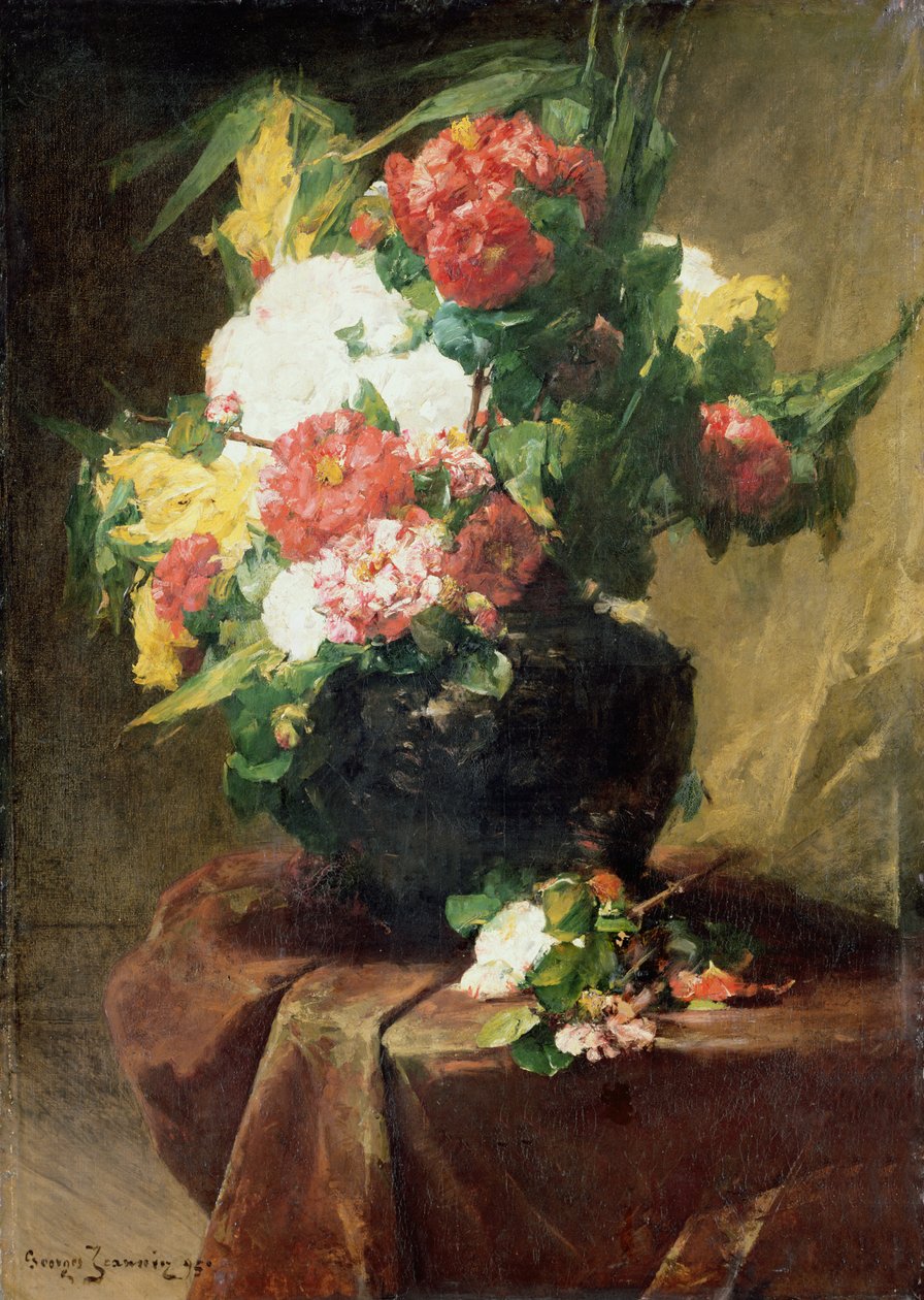 Pfingstrosen in einer Vase auf einem drapierten Tisch von Georges Jeannin
