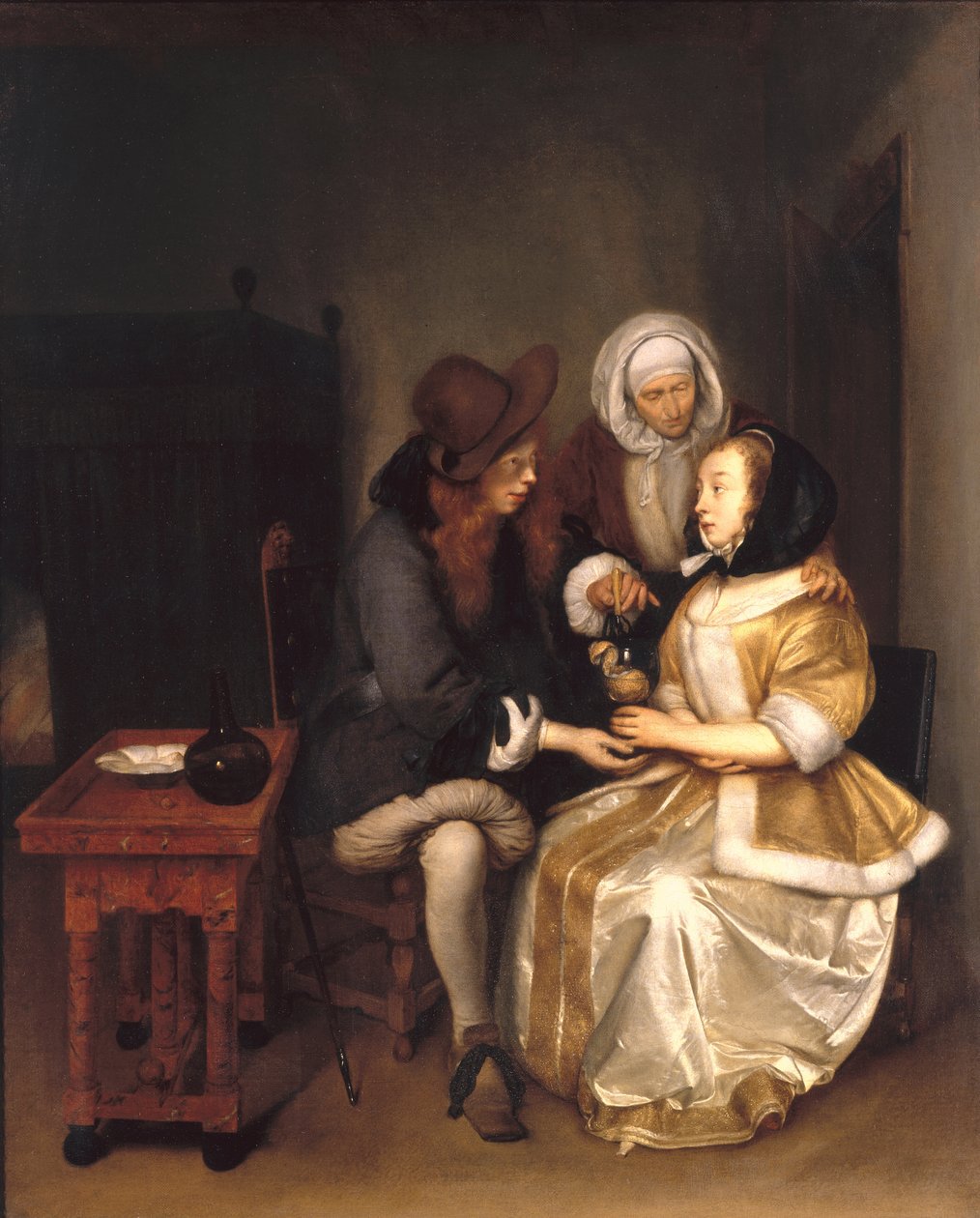 Ein Innenraum mit einem Paar und einer Kupplerin: Das Glas Limonade von Gerard ter Borch