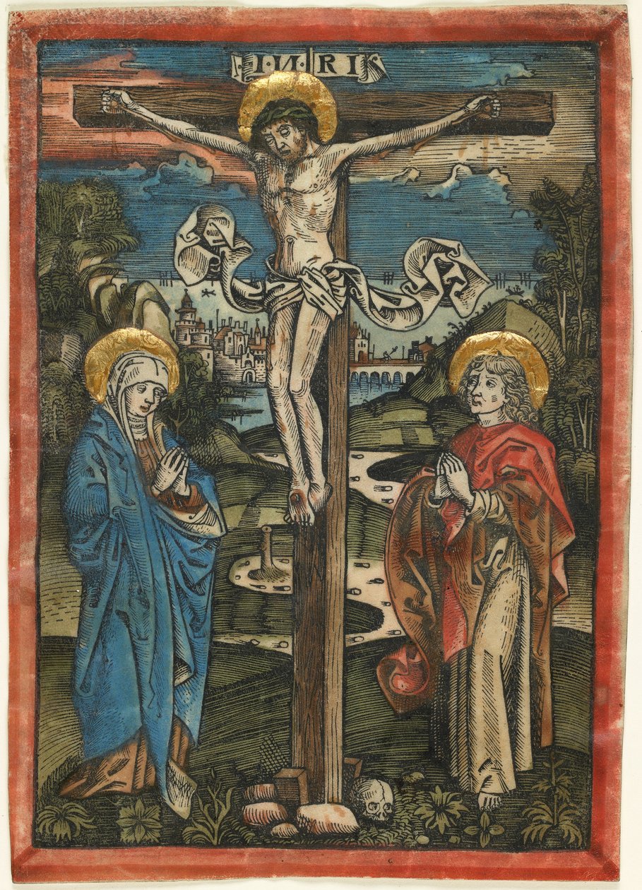 Christus am Kreuz mit Maria und Sankt Johannes, aus dem Missale Defunctorum, ca. 1499 von German School