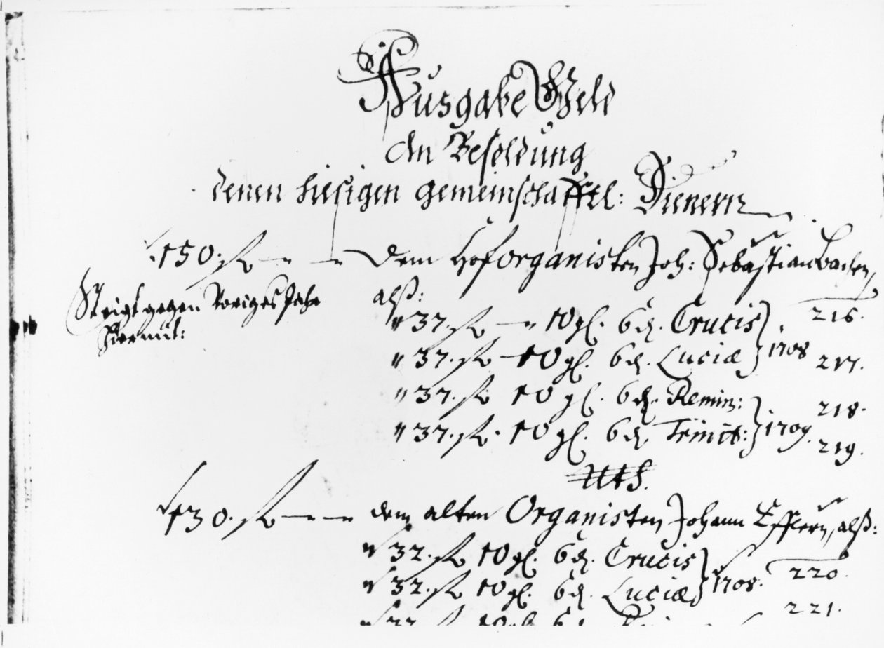 Auszug aus J.S. Bachs Gehaltsabrechnung für 1708-09 (Feder auf Papier) von German School