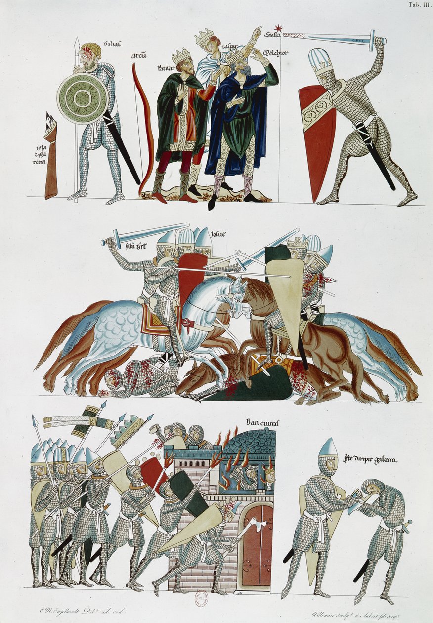 Die Heiligen Drei Könige, die Schlacht von Josua und die Belagerung von Dan, aus dem Hortus Deliciarum von Herrade de Landsberg, Faksimile einer Handschrift aus dem 12. Jahrhundert von German School