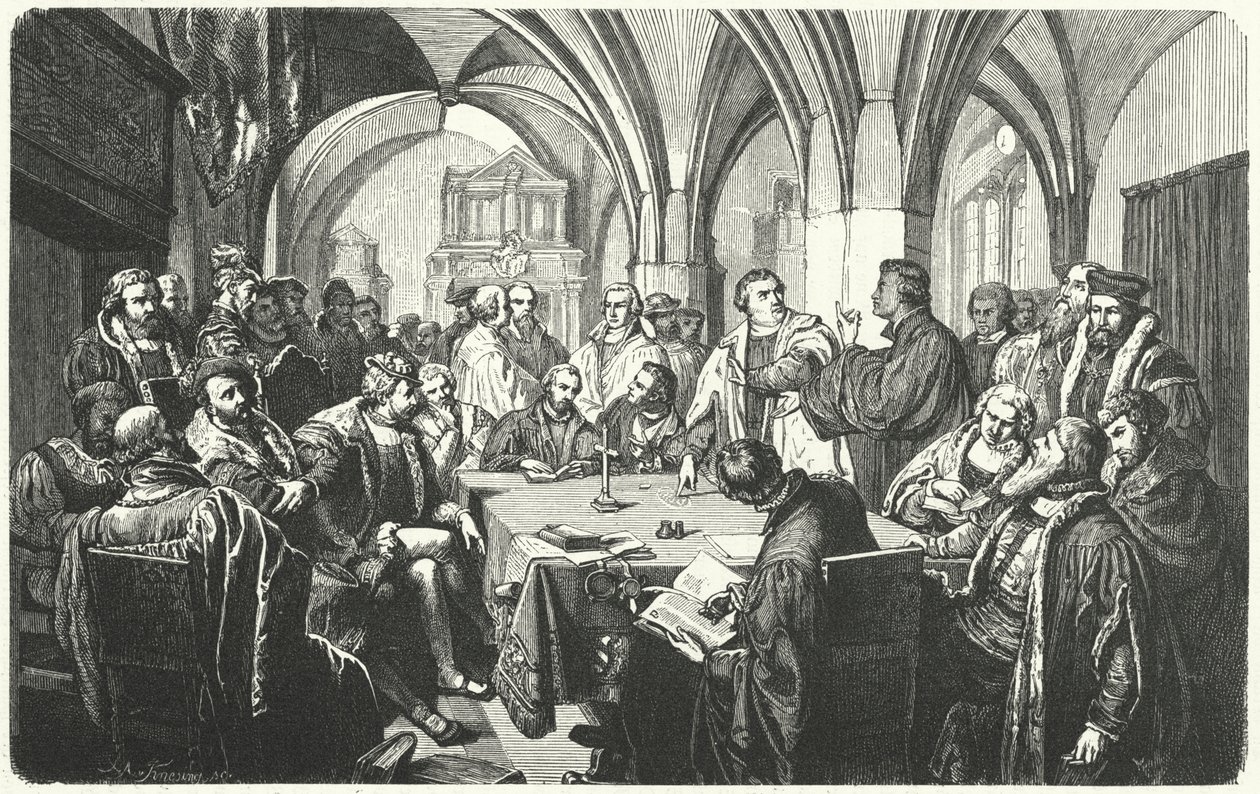 Religiöse Debatte zwischen Martin Luther und Huldrych Zwingli beim Marburger Religionsgespräch, 1529 von German School