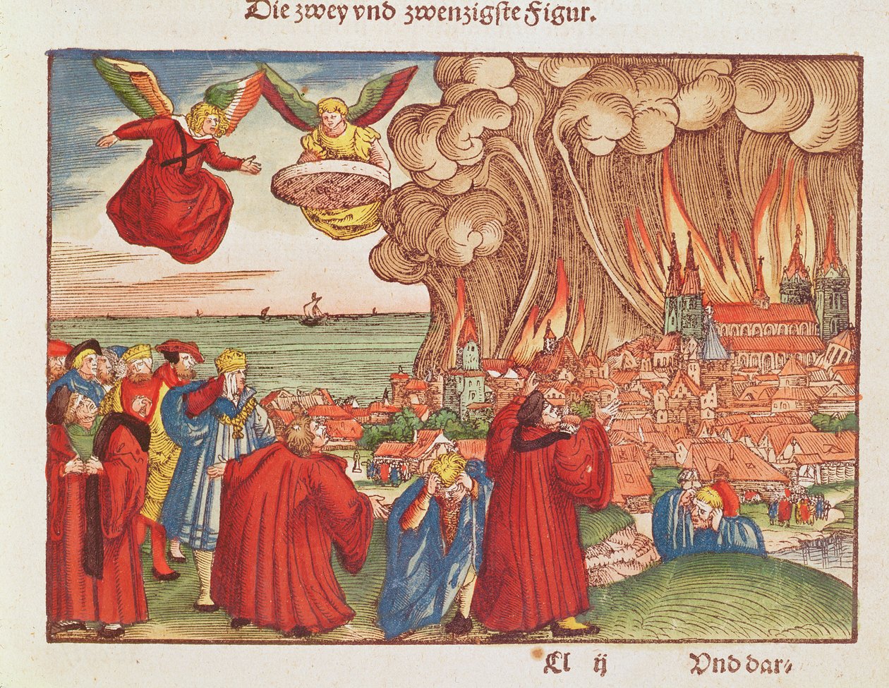 Offenbarung 18: Babylon brennt, 1. Ausgabe, aus der Lutherbibel, ca. 1530 (kolorierter Holzschnitt) von German School