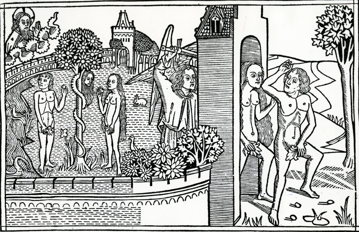 Der Sündenfall, Illustration aus der Quentell-Bibel, veröffentlicht 1478 von German School