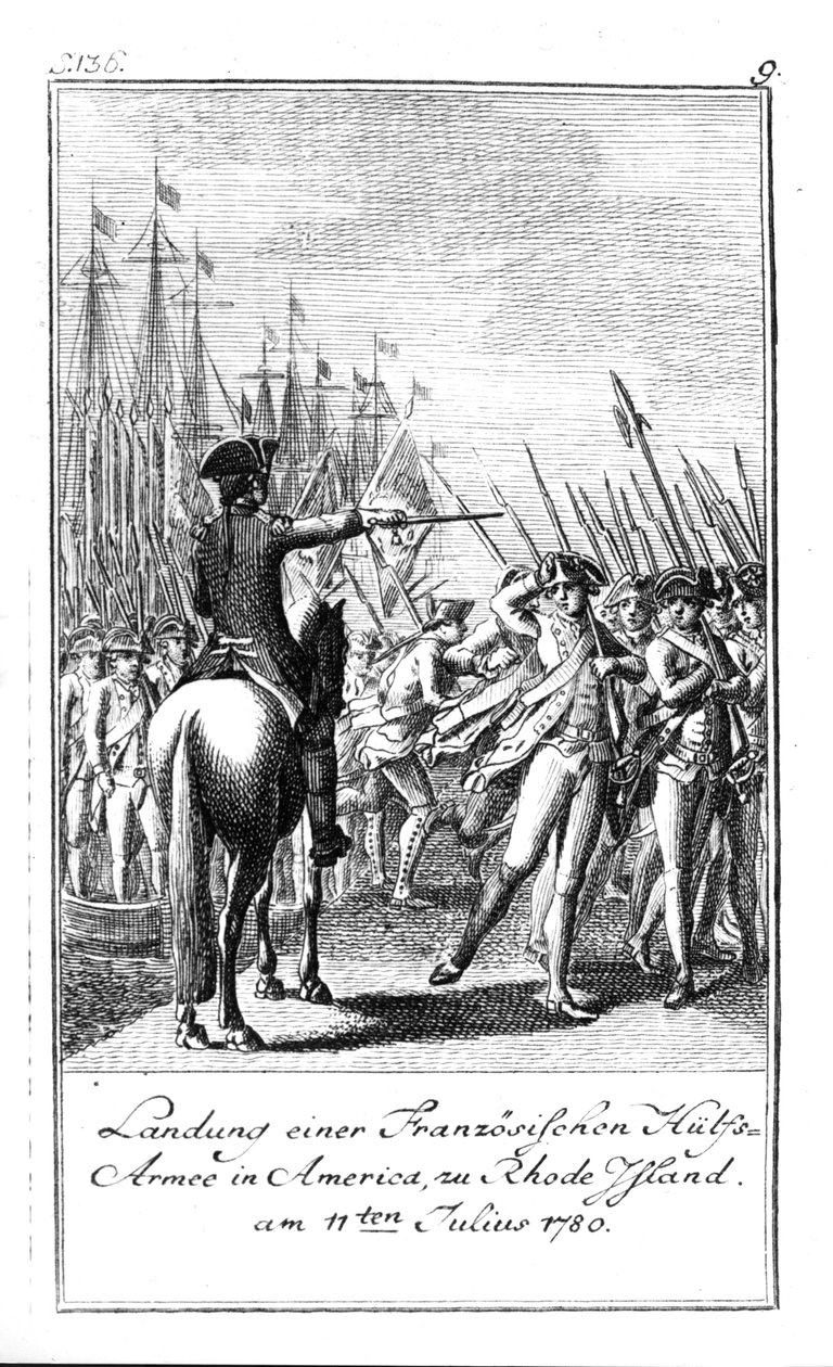 Die Landung einer französischen Hilfsarmee in Rhode Island, Amerika, 11. Juli 1780 von German School