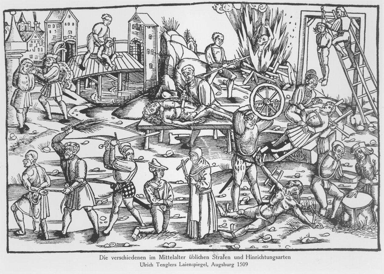 Die üblichen Strafen in Deutschland im Mittelalter, Illustration aus Laienspiegel von Ulrich Tengler, veröffentlicht Augsburg 1509 von German School