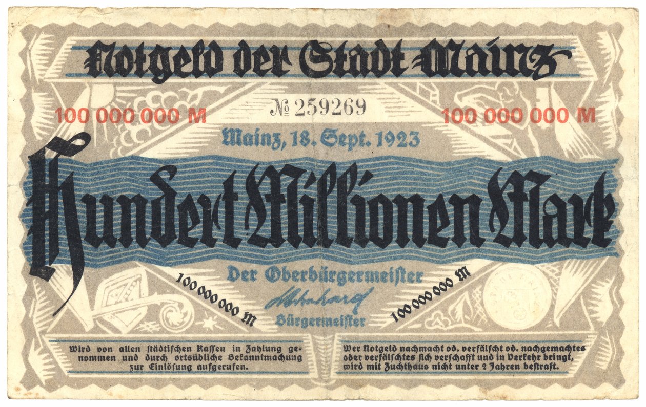 Eine Hundert-Millionen-Mark-Banknote, 1923 von German School