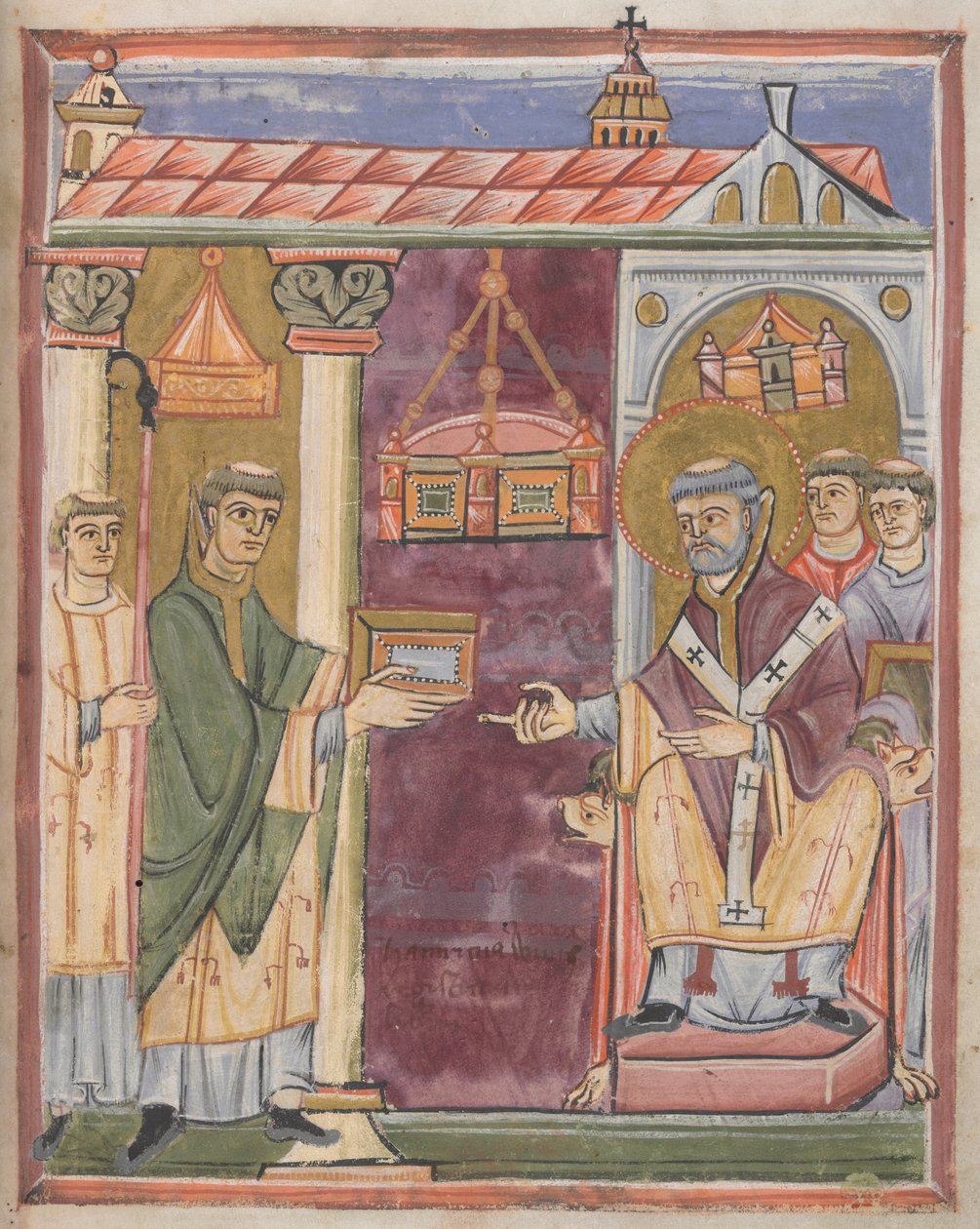 Priester präsentiert ein Buch [an St. Augustinus?] von German School